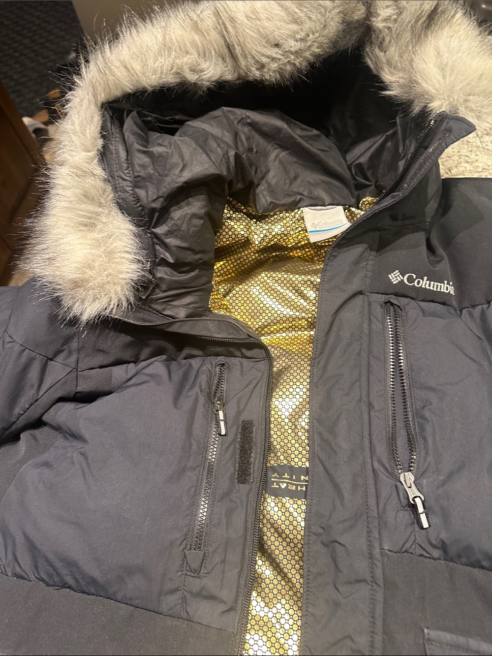 Columbia Black Parka with Faux Fur Hood and Gold Interior